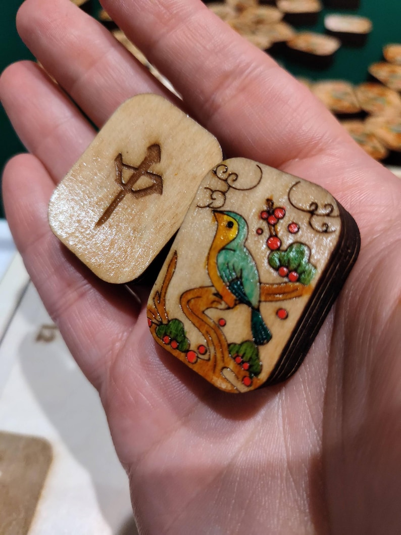 Hand-painted Bird in a Tree Mahjong Tile Set: Engraved Basswood, Riichi or American