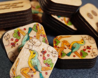Vogel im Baum - Handgefertigte, handbemalte Mahjong-Holzfliesen mit Gravur