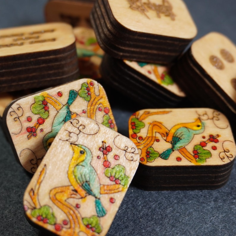 Hand-painted Bird in a Tree Mahjong Tile Set: Engraved Basswood, Riichi or American