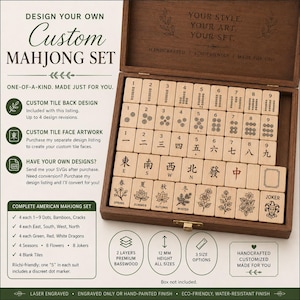 Könnte beinhalten: Ein individuelles Mahjong-Set aus Holz in einer dunklen Holzbox. Die Spielsteine zeigen lasergravierte Zahlen, Symbole, Himmelsrichtungen, saisonale Blumen und einen Joker. Der Text enthält 'Design Your Own Custom Mahjong Set'.
