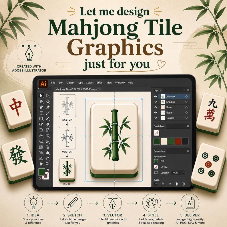 K&ouml;nnte beinhalten: Digitale Illustration des Grafikdesignprozesses f&uuml;r Mahjong-Kacheln. Ein Tablet zeigt das Design in Adobe Illustrator, umgeben von Mahjong-Kacheln. Der Text lautet: "Lass mich Mahjong-Kachel-Grafiken f&uuml;r dich entwerfen."