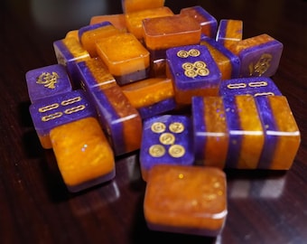 Riichi Mahjong Mini Travel-Sized Resin Tiles – Purple & Orange Shimmer with Gold Inking