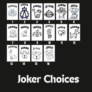 May include: Sixteen white rectangular cards with "JOKER" headers and black and white cartoon illustrations are arranged on a black background. The text "Joker Choices" is displayed at the bottom.