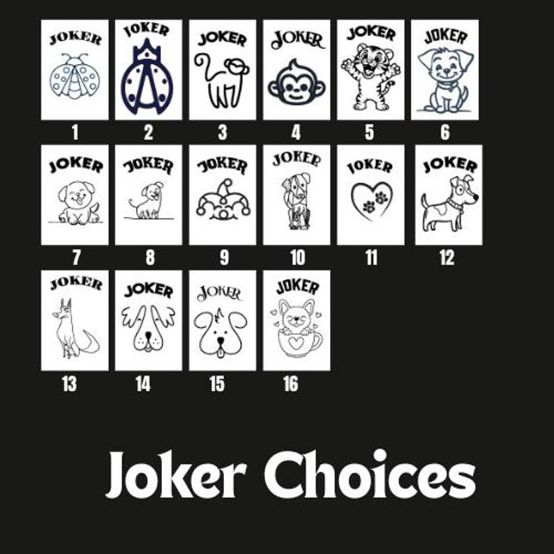May include: Sixteen white rectangular cards with "JOKER" headers and black and white cartoon illustrations are arranged on a black background. The text "Joker Choices" is displayed at the bottom.