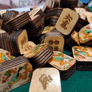 Hand-painted Bird in a Tree Mahjong Tile Set: Engraved Basswood, Riichi or American