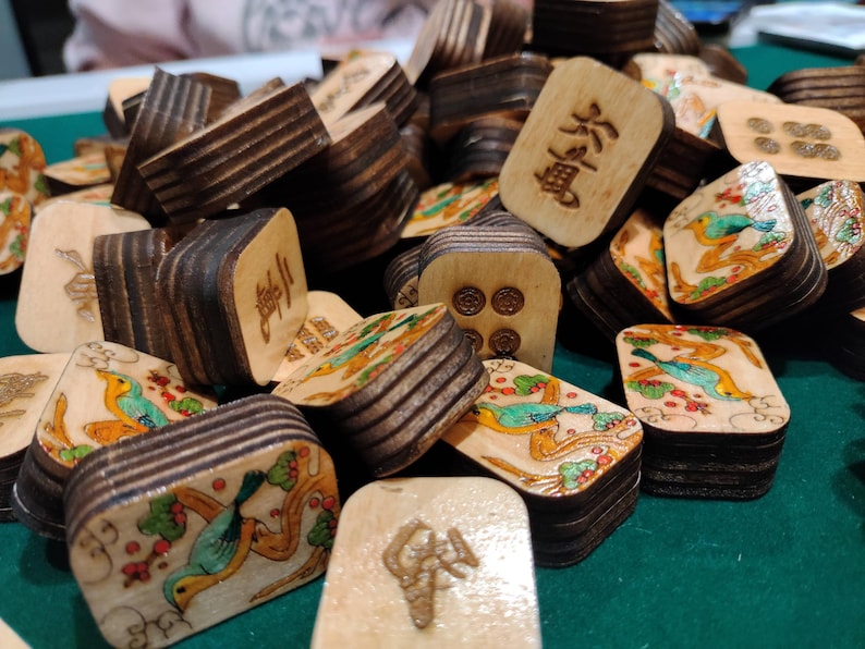 Hand-painted Bird in a Tree Mahjong Tile Set: Engraved Basswood, Riichi or American