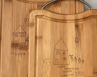 Child's Drawing Engraved Bamboo Chopping Board, Personalized Keepsake