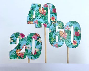 Hawaiian Print Number Cupcake Toppers: Small Birthday Cake Picks, Set of 6