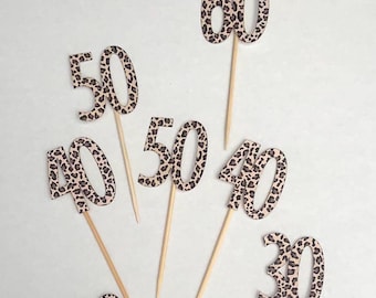Leopard Print Number Cupcake Toppers: Birthday Cake Picks (Set of 6)