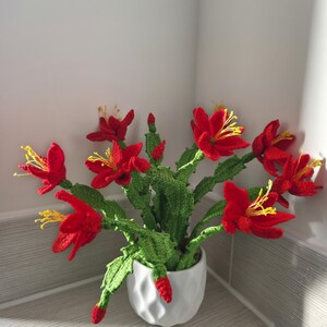 May include: A crocheted cactus plant with vibrant red flowers and yellow stamens, displayed in a white geometric pot. The green stems and leaves provide a striking contrast to the bright red blooms, creating a unique home decor item.