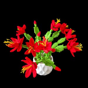 May include: A handmade crochet cactus plant with vibrant red flowers and yellow stamens, displayed in a white geometric pot. The green cactus stems and red buds add to the realistic look. The plant is set against a solid black background.