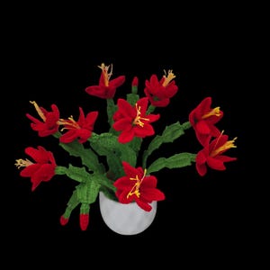 May include: A handcrafted crochet flower arrangement featuring vibrant red blooms with yellow stamens and green leaves, presented in a white ceramic pot. The flowers are set against a black background, highlighting the detailed craftsmanship.