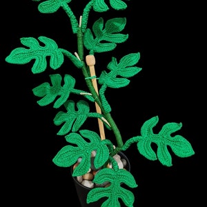 Könnte beinhalten: Eine grüne gehäkelte Pflanze mit großen Blättern in einem schwarzen Topf. Die Pflanze ist aus Garn gefertigt und hat einen Holzstab zur Unterstützung.