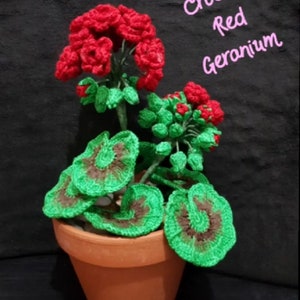 Peut inclure: Une plante de géranium rouge crochetée dans un pot en terre cuite. La plante présente des grappes de fleurs rouges vibrantes, des feuilles vertes avec des accents bruns et le texte "Crochet Red Geranium". L'objet fait main est décoratif.