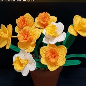 May include: A bouquet of crocheted daffodils in a terracotta pot. The flowers are yellow and white with orange centres. The stems are green.