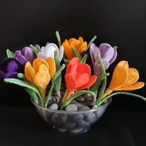 Puede incluir: Un ramo de crocus de ganchillo en un jarrón de vidrio transparente con piedras grises. Las flores son en tonos de morado, blanco, naranja, amarillo y rojo.