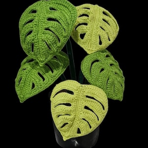 May include: A crocheted plant with five green and light green leaves in a black pot. The leaves are shaped like monstera leaves.