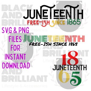 Puede incluir: Un diseño digital con el texto "Juneteenth" en una fuente en negrita y estilizada. El texto está superpuesto con las palabras "Free-ish Since 1865" y está rodeado de un esquema de color verde, amarillo y rojo. El diseño es perfecto para crear camisetas, tazas, bolsas de mano y otros productos.