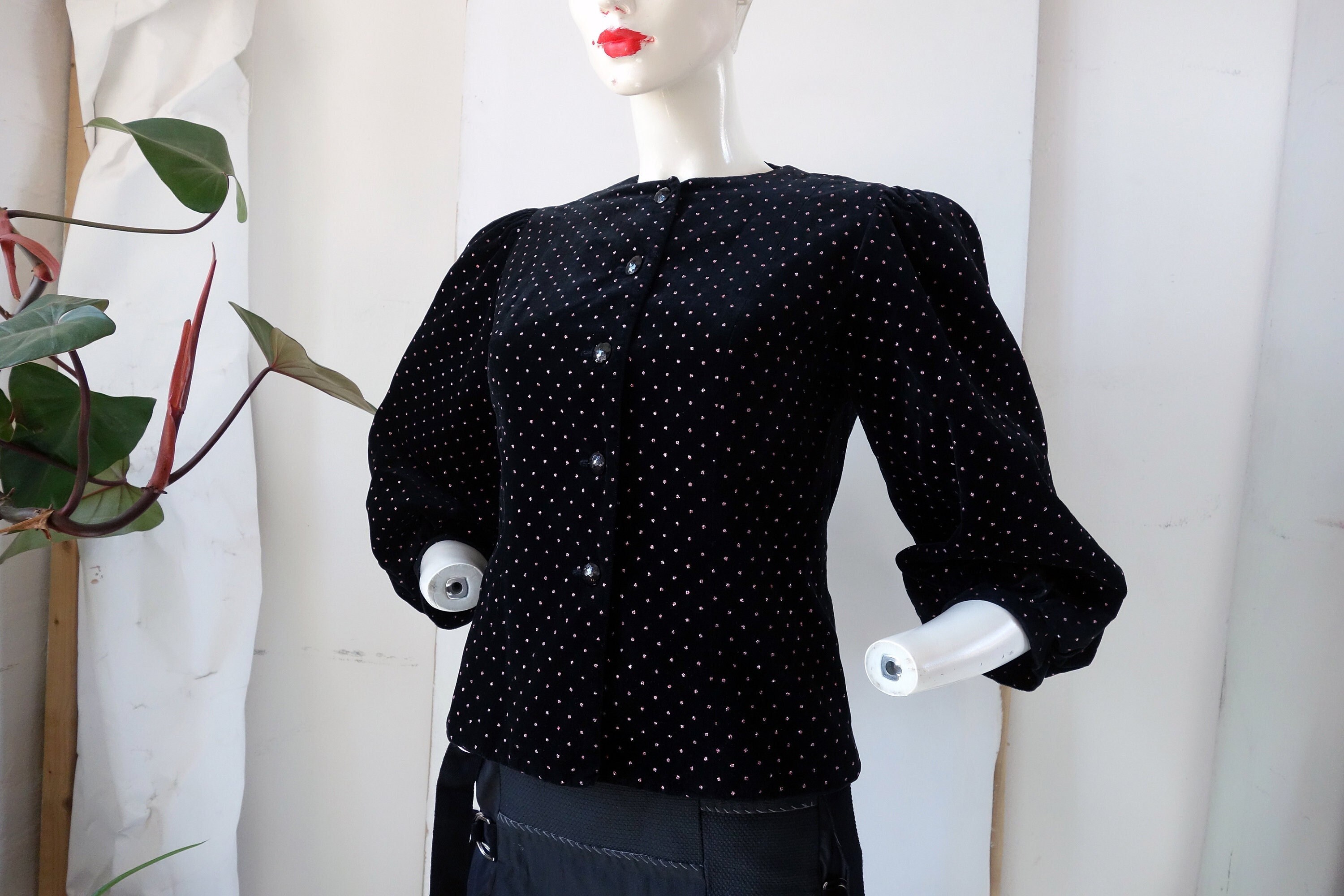 Vintage Jean Allen Black Velvet Pink Metallic Polka Dot Bolero - Etsy