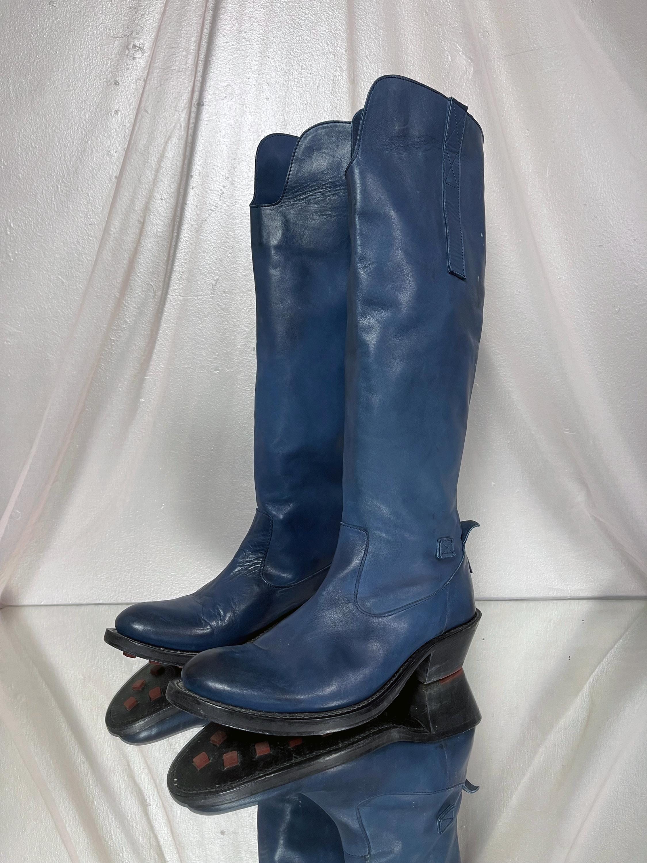 2000s Marithe Francois Girbaud Deep Blue Cowboy Knee High Leather