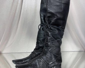 Marithe Francois Girbaud F/W 2005 black slouchy leather knee high boots with leather tie details