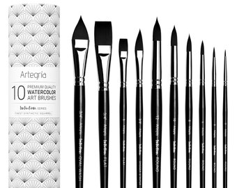 ARTEGRIA Watercolor Brush Set - 10 Watercolor Paint Brushes with Soft Synthetic Squirrel Hair for Water Color, Gouache, Ink, Fluid Acrylics