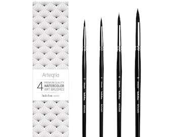 ARTEGRIA Watercolor Brush Set - 4 Pointed-Round Watercolor Paint Brushes with Soft Synthetic Squirrel Bristles for Water Color, Gouache, Ink