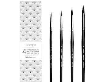 ARTEGRIA Watercolor Brush Set, 4 Professional Pointed Round Soft Synthetic Squirrel Paint Brushes, Sizes # 2, 4, 6, 8