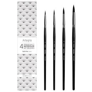 May include: A set of four watercolor art brushes with black handles and silver ferrules. The brushes are labeled with sizes 2, 4, 6, and 8. The packaging features the text "Artegría PREMIUM QUALITY WATERCOLOR ART BRUSHES".
