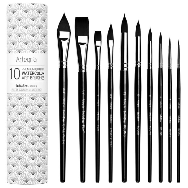 ARTEGRIA Watercolor Brush Set - 10 Watercolor Paint Brushes with Soft Synthetic Squirrel Hair for Water Color, Gouache, Ink, Fluid Acrylics