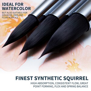 Op de afbeelding: Vier zwarte en zilveren aquarelkwasten met een puntige punt. De tekst "IDEAL VOOR WATERVERF MAAR OOK GESCHIKT VOOR GOUACHE, INKT EN VLOEIBARE ACRYLVERF" staat boven de kwasten. De tekst "FINEST SYNTHETIC SQUIRREL HIGH ABSORPTION, CONSISTENT FLOW, GREAT POINT FORMING, FLEX AND SPRING BALANCE" staat onder de kwasten.
