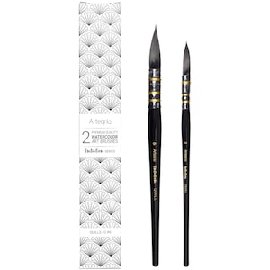 May include: Set of two black watercolor paint brushes with gold accents. The brushes are labeled "Artegria Intuition Quill" and are sizes 6 and 7. The packaging is labeled "Artegria Premium Quality Watercolor Art Brushes Intuition Series Quills #2 #6"