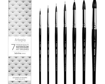 ARTEGRIA Watercolor Brush Set, 7 Extended Tip Round Brushes, Synthetic Squirrel Needle Point Paint Brushes, Sizes # 4, 6, 7, 8, 9, 10, 12