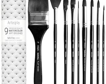 ARTEGRIA Watercolor Brush Set, 9 Soft Synthetic Squirrel Paint Brushes, Incl Round Detailers, Flat Wash, Rigger, Rake, Fan, Angled Shader