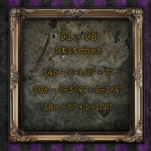 May include: A gold-colored frame with a textured, dark gray background. The frame contains text that reads "91 x 98 Stitches" and lists different stitch counts and corresponding dimensions in inches. The dimensions are listed as "14c - 6-1/2" x 7", "16c - 5-3/4" x 6-1/4", and "18c - 5" x 5-1/2".