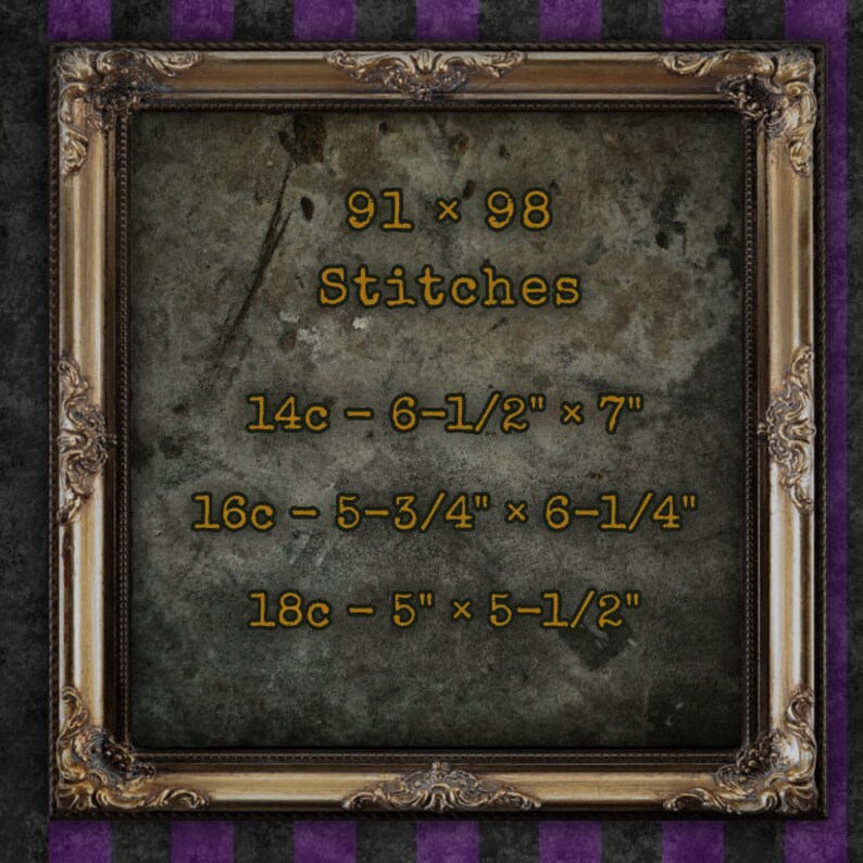 May include: A gold-colored frame with a textured, dark gray background. The frame contains text that reads "91 x 98 Stitches" and lists different stitch counts and corresponding dimensions in inches. The dimensions are listed as "14c - 6-1/2" x 7", "16c - 5-3/4" x 6-1/4", and "18c - 5" x 5-1/2".