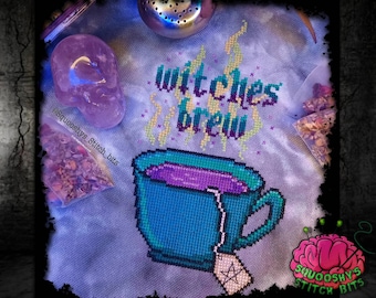 Witches Brew, Cross Stitch, PDF Pattern, Tea Witch, Tea Puns, Crossstitch