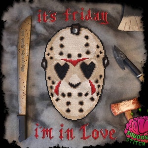 Friday I'm in Love, Jason Mask, Cross Stitch pattern, PDF Pattern, Friday the 13th, Jason Voorhees, The Cure, 80's