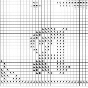 May include: A black and white grid with letters A, E, G, H, and I. The letters are arranged in a pattern that resembles a stylized letter L.