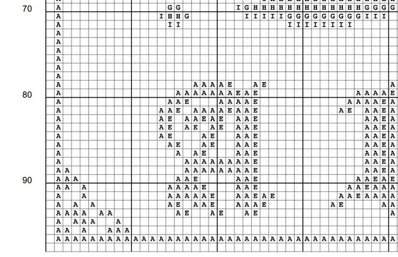 May include: A black and white grid with letters A, E, G, H, and I. The letters are arranged in a pattern that resembles a stylized letter L.