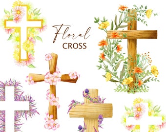 Floral Cross Clipart, Religious Easter clipart, Baptism clipart, First Communion clipart, Watercolor painting, Golden texture