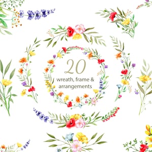 Wildblumen Kranz Rahmen Arrangement. Delicate Field Floral Hochzeitseinladungen. Rustikal. Logo. Aquarell Bundle. Digitaler Download. Png. 92