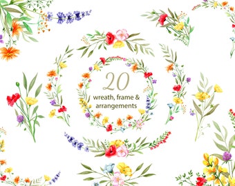 Wildflower Wreath Frame Arrangement. Delicate Field Floral Wedding Invitations. Rustic. Logo. Watercolor Bundle. Digital download. Png. 92