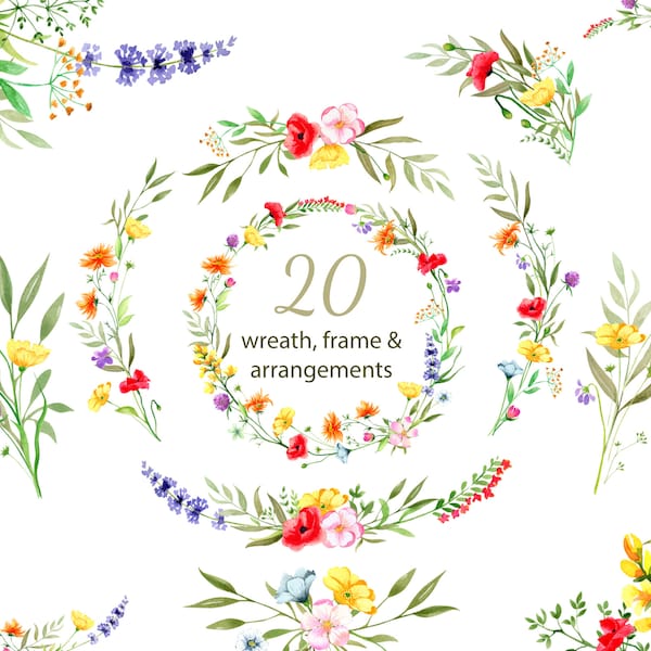 Wildflower Wreath Frame Arrangement. Delicate Field Floral Wedding Invitations. Rustic. Logo. Watercolor Bundle. Digital download. Png. 92