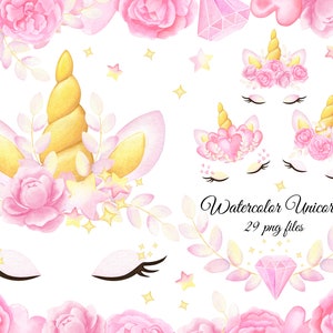 Clipart dell'acquerello di facce di unicorno. Teste di unicorno con fiori, ghirlanda floreale. Teneri, caramelle, colori pastello. Magia. Amore. Scaricamento digitale