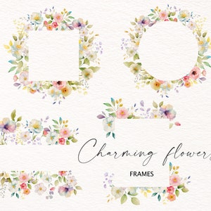 Aquarel bloemen clipart, bloemenkrans, bloemenframe, zachte vrolijke kleuren, zomerbloemen clipart, bruiloft clipart, baby shower, PNG/m4