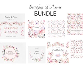 Floral Butterfly Watercolor Clipart PNG - Butterfly Bundle - Arrangements  - Wreath - Border - Frame - Seamless Pattern - Digital Paper - b1