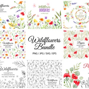 Handgeschilderde aquarel Wildflower bundel, kransen, randen, boeketten, patronen, digitale papieren, PNG, Svg, Jpg, Eps / 92