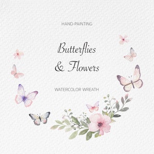 Aquarell Blumen Schmetterlingskranz PNG - Blumen Schmetterling Clipart - Schmetterlinge und Blumen Png - Hand gezeichnet - Sommerkranz Png - b1