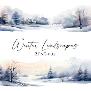 Watercolor Winter Clipart - 9 Winter Landscapes - Horizontal - Winter Scenery PNG - Snow Forest with House -  Wonderland Background - m152
